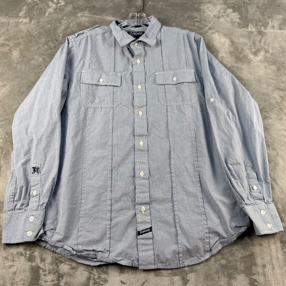Ecko Unltd Shirt Mens Large Blue Gingham Button-Down Pockets EUC